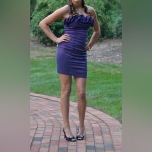 La Scala- Size Med Strapless Purple Satin-Organza Scrunched & Ruffle Mini Dressi